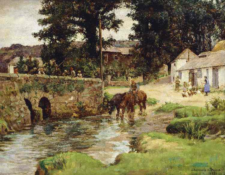 Tränken der Pferde an Dorfbach (Watering the Horses in the Village Stream) à Stanhope Alexander Forbes
