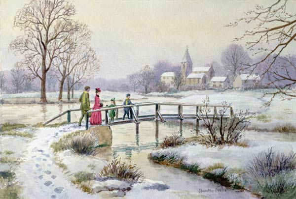 Footbridge in Winter (w/c on paper)  à Stanley  Cooke