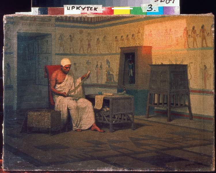 Ägyptischer Priester beim Studium einer Papyrus-Rolle à Stephan Bakalovitsch