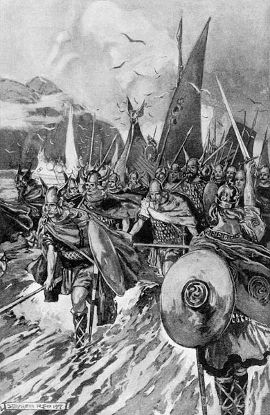 The Northmen taking Possession of Iceland (litho) à Stephen Reid