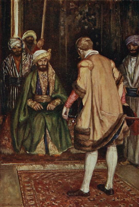 Jenkinson claims the Sultans hospitality, illustration from The Book of Discovery by T.C. Bridges, p à Stephen Reid