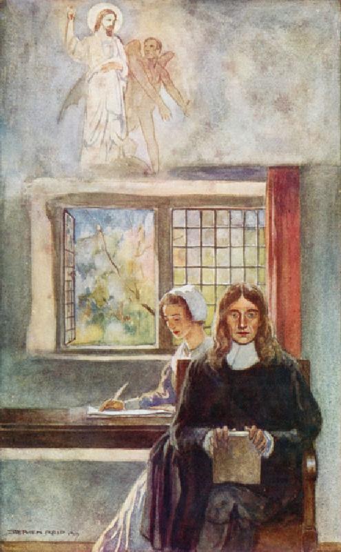 John Milton dictating Paradise Lost to his daughter (colour litho) à Stephen Reid