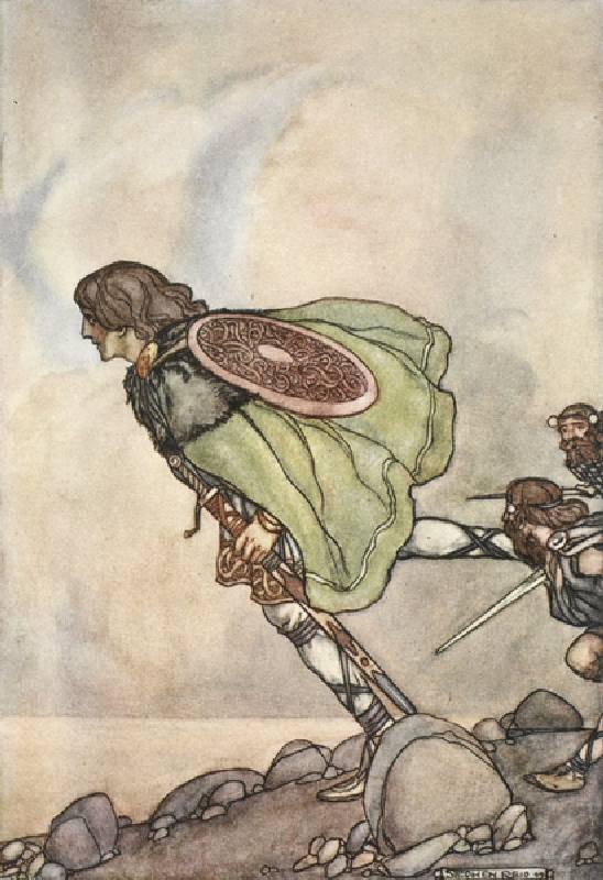 They ran him by hill and plane, illustration from The High Deeds of Finn, and other Bardic Romances  à Stephen Reid