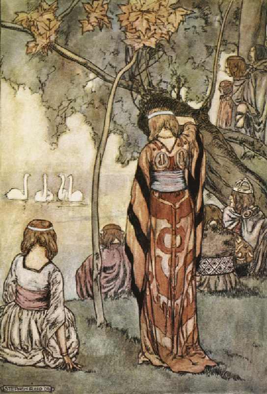They made an encampment and the swans sang to them, illustration from The High Deeds of Finn, and ot à Stephen Reid