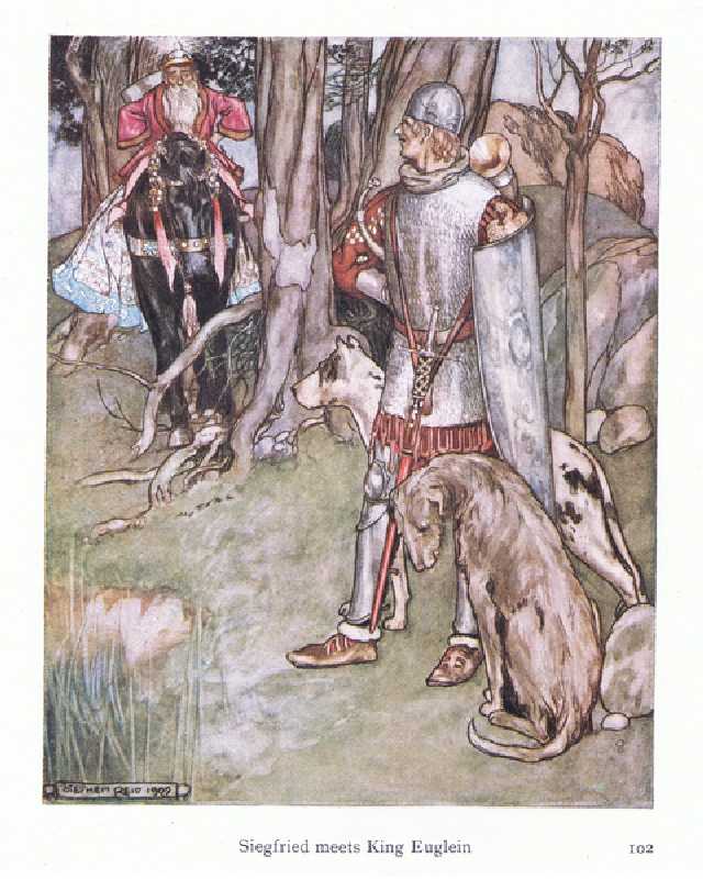 Siegfried meets King Euglein (colour litho) à Stephen Reid