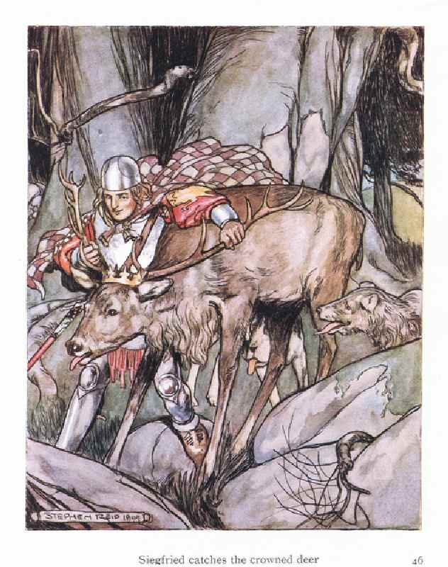 Siegried catches the crowned deer (colour litho) à Stephen Reid
