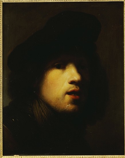 Portrait of the artist, head and shoulders, in a black beret and a gorget à (atelier de) Rembrandt Harmensz. van Rijn