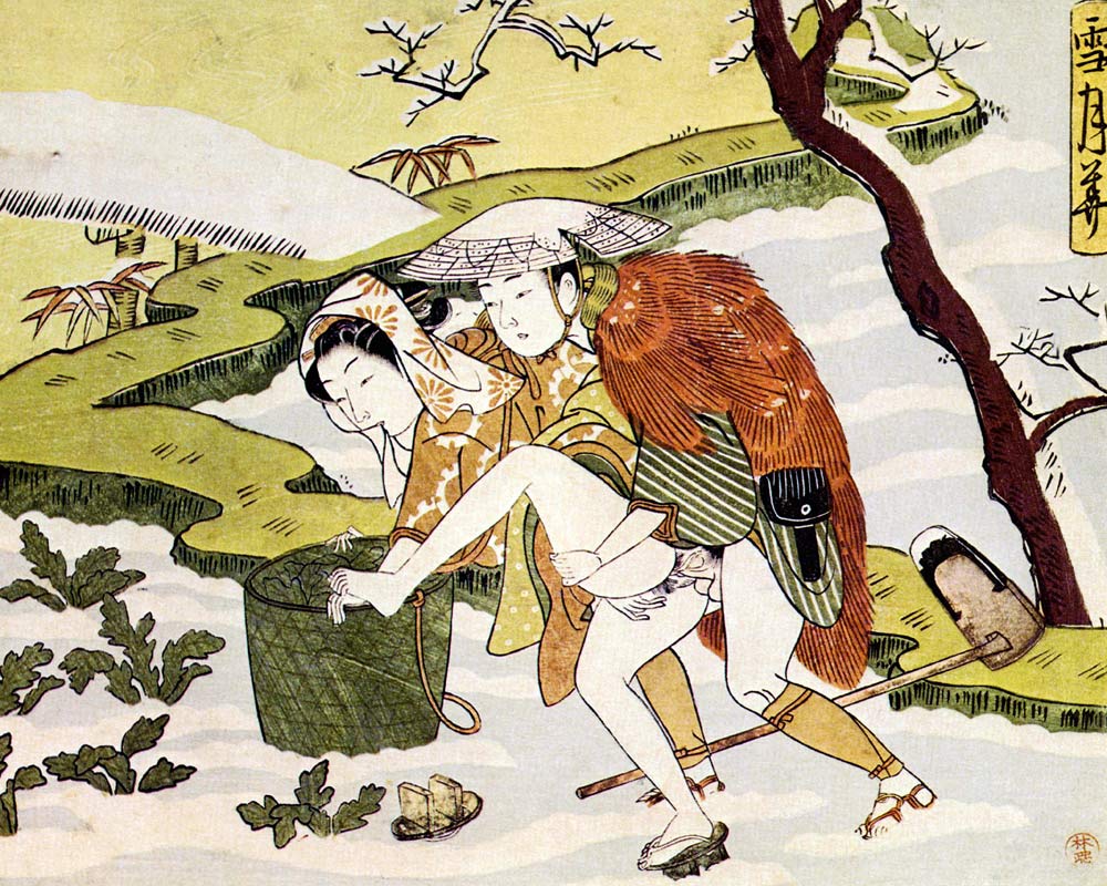 Shunga (Erotic woodblock print) From the Series "Setsugekka" (Snow, moon and flower) à Suzuki Harunobu