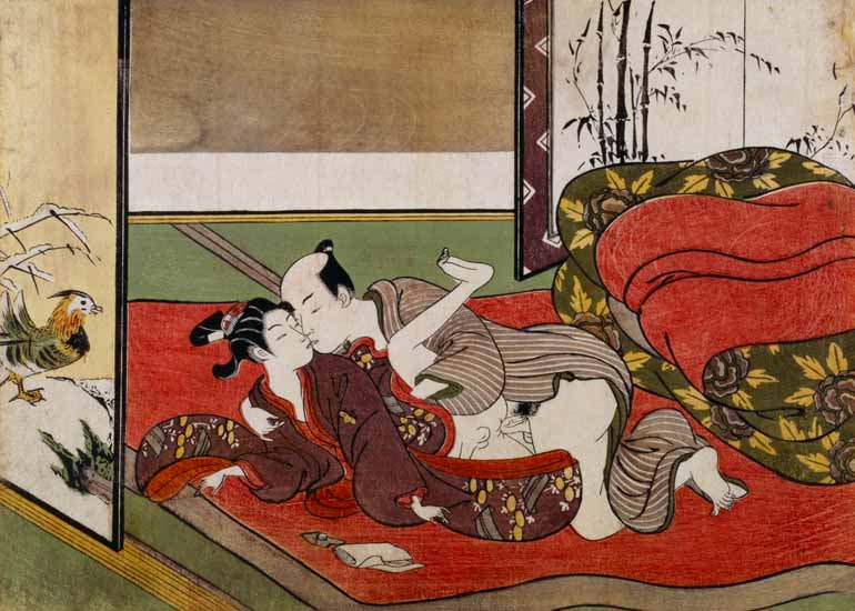 A 'Shunga', from a series of twenty four erotic prints: lovers, a man and a boy, 1725-70 à Suzuki Harunobu