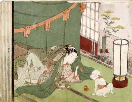 A 'Shunga', from a series of twenty four erotic prints: lovers, with child looking on, 1725-70 à Suzuki Harunobu
