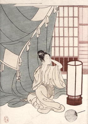 Young woman kneeling by her mosquito net, 1766 (colour woodblock print) à Suzuki Harunobu