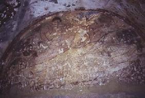 Fresco depicting an angel over two figures lying on the ground, from the Apodyterium