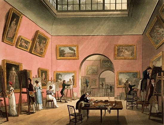 Students learning to paint and making copies of pictures at the British Institution, Pall Mall, from à T. (1756-1827) Rowlandson