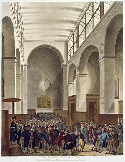 The New Stock Exchange, Bartholomew Lane, from Ackermann''s ''Microcosm of London'', published 1809 à T. (1756-1827) Rowlandson
