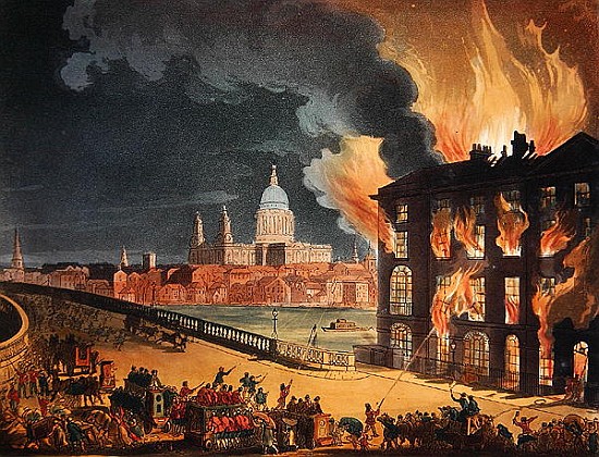 Fire at Albion Mill, Blackfriars Bridge, from Ackermann''s ''Microcosm of London'' c.1808-11 à T. Rowlandson
