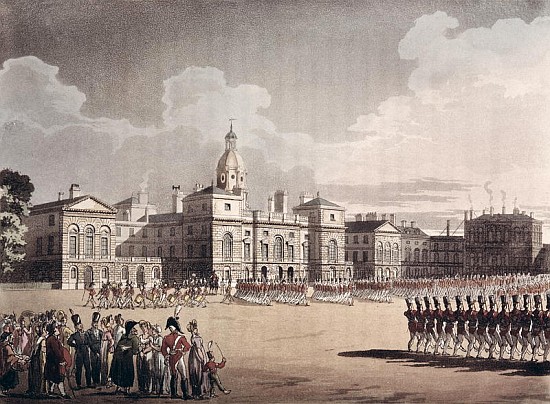 Mounting Guard at St. James''s Park; engraved by J. Bluck, pub. 1809Ackermann''s ''Repository of Art à T. Rowlandson