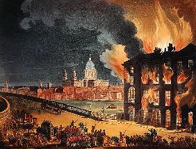 Fire at Albion Mill, Blackfriars Bridge, from Ackermann''s ''Microcosm of London'' c.1808-11