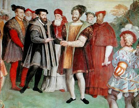 The Truce of Nice between Francis I (1494-1547) and Charles V (1500-58) from the 'Sala del Consiglio à Taddeo & Federico Zuccaro ou Zuccari