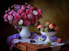 Still life with a bouquet of asters and fruits