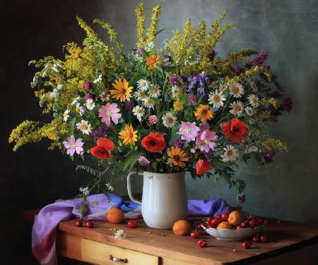 Still life with a bouquet of meadow flowers