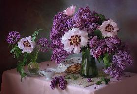 Still life with lilac and peonies