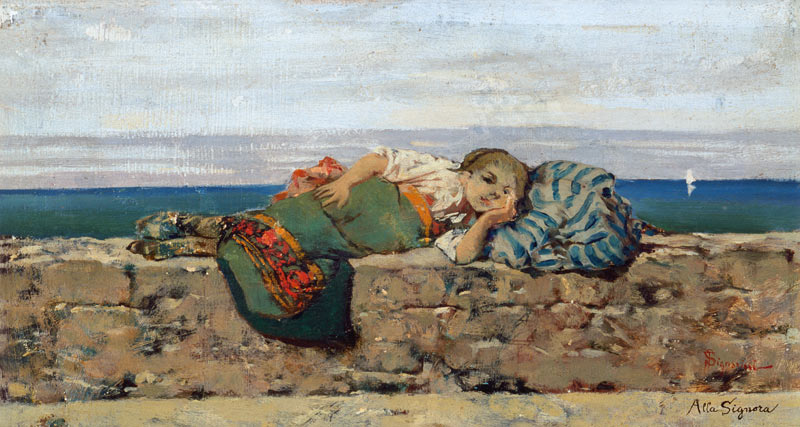 Peasant girl lying on a parapet à Telemaco Signorini