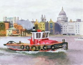 Red Tug passing St. Pauls, 1996 (w/c & gouache on paper) 