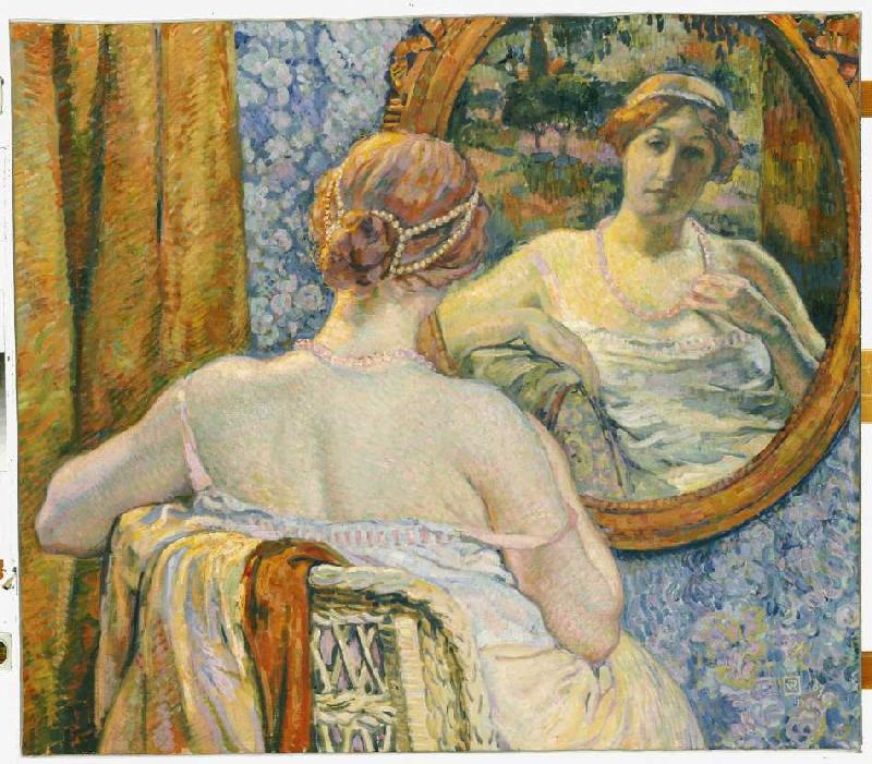 Frau beim Blick in den Spiegel à Theo van Rysselberghe
