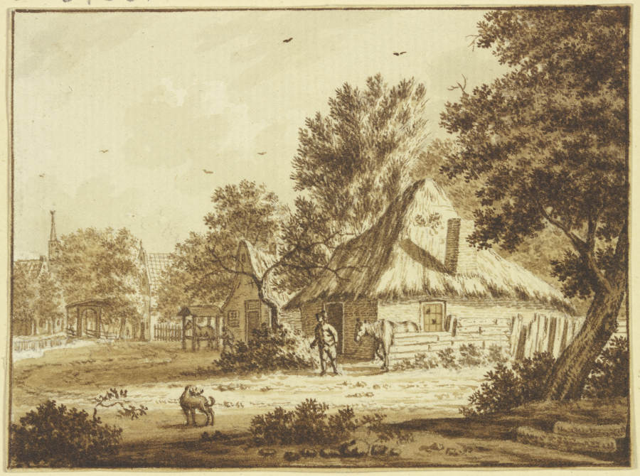 Bauerndorf, ein Mann führt ein Pferd aus seinem Hof, vorne ein Hund à Theodor de Bruyn