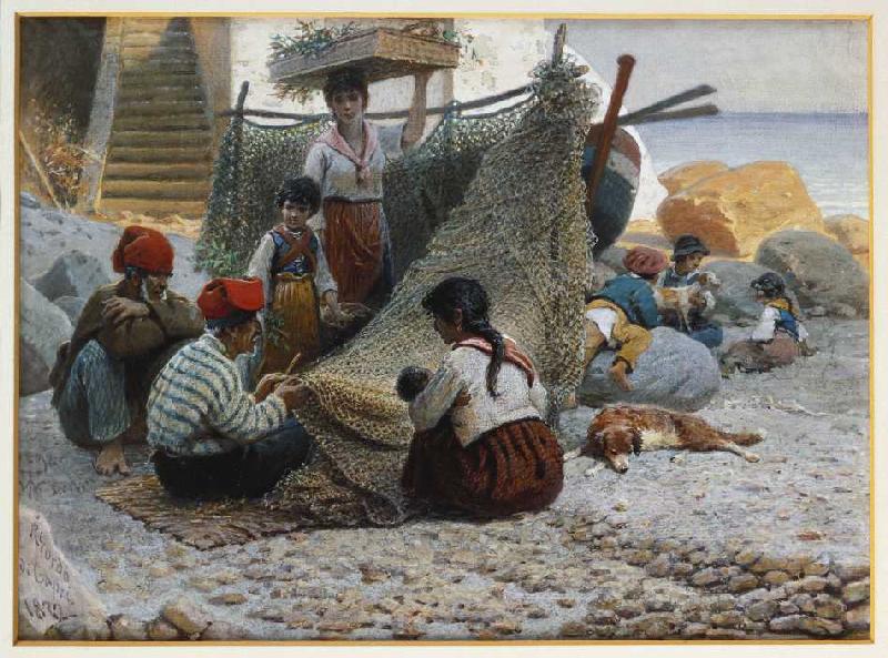 Fischer beim Ausbessern der Netze auf Capri à Theodor Leopold Weller