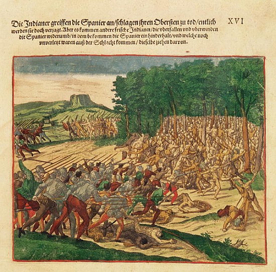 Battle between the Indians and the Spanish in which the Spanish colonel was beaten to death à Theodore de Bry