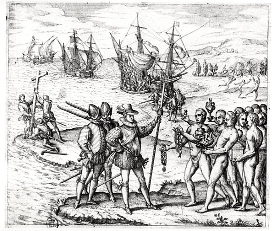 Christopher Columbus (1451-1506) receiving gifts from the cacique, Guacanagari, in Hispaniola (Haiti à Theodore de Bry