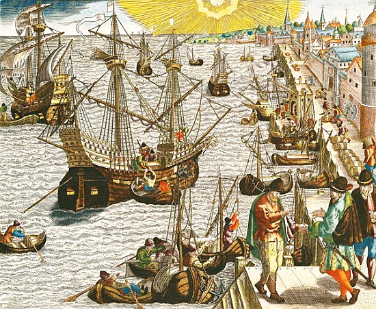 Departure from Lisbon for Brazil, the East Indies and America, illustration from ''Americae Tertia P à Theodore de Bry