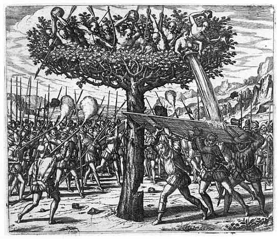 Indians in a Tree Hurling Projectiles at the Spanish à Theodore de Bry