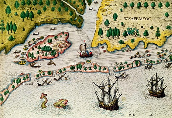The Arrival of the English in Virginia, from ''Admiranda Narratio..'', 1585-88 à Theodore de Bry