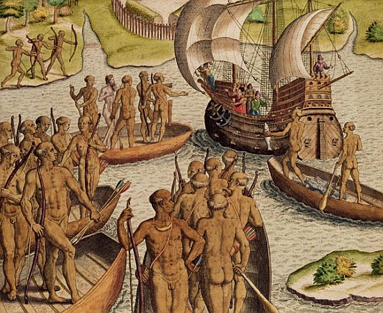 ''The Lusitanians send a second Boat towards me'', from ''Americae Tertia Pars...'' à Theodore de Bry