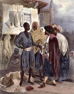 The Slave Market at Ak-Hissar, Turkey, c.1830-35 (colour litho) à Theodore Leblanc
