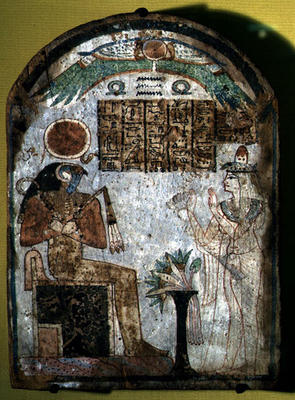 Stela depicting Tachenes praying before the god Re-Horakhty, 900 BC (painted wood) à Third Intermediate Period Égyptien