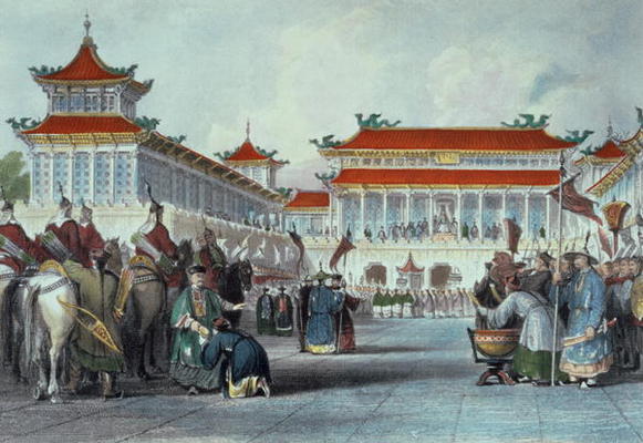 The Emperor Teaon-Kwang Reviewing his Guards, Palace of Peking, from 'China in a Series of Views' by à Thomas Allom