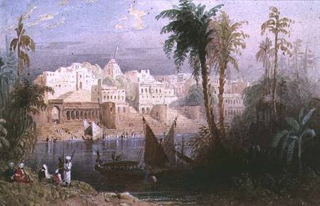 A View of an Indian city beside a river, with boats on the river and figures in the foreground à Thomas Allom