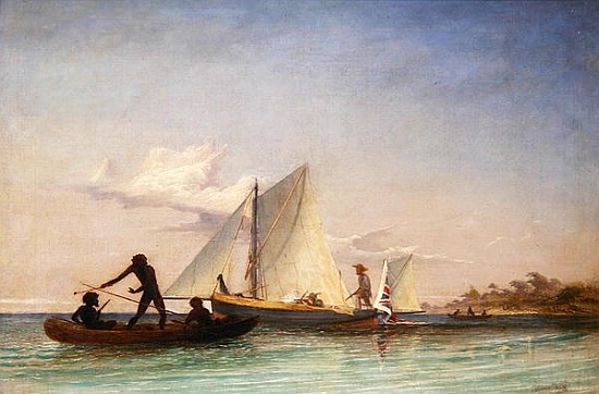 The Long Boat of the Messenger attacked Natives à Thomas Baines