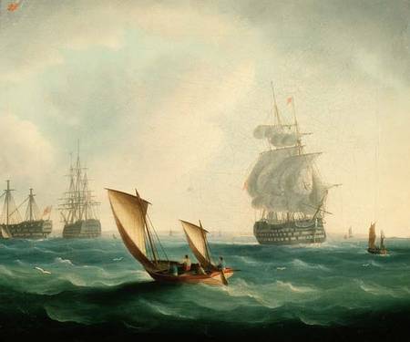 British Men-o'-war and a Hulk in a Swell, a Sailing Boat in the Foreground à Thomas Buttersworth