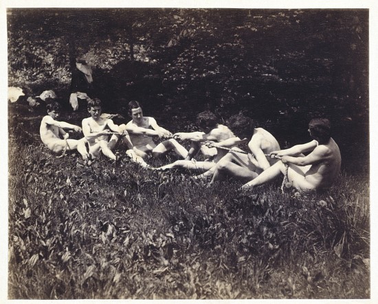 Males nudes in a seated tug-of-war à Thomas Eakins