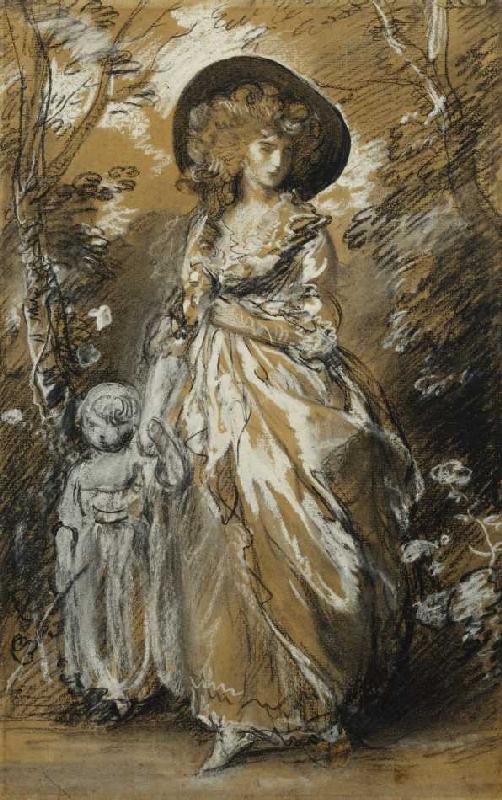 Eine Dame im Garten mit ihrem Kind an der Hand (möglicherweise eine Studie für The Richmond Water-Wa à Thomas Gainsborough