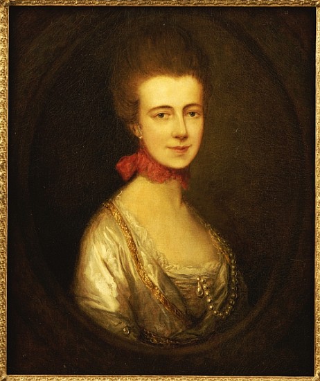 Portrait of Miss Boone, wearing a white dress with gold embroidery and pearl chain, a red ribbon aro à Thomas Gainsborough
