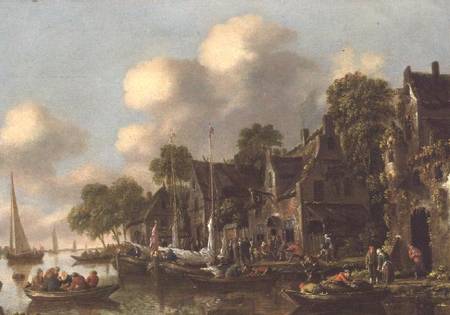 A river landscape with boats and figures by a tavern à Thomas Heeremans