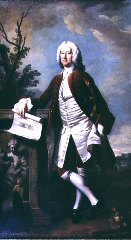 Portrait of Theodore Jacobsen, architect of the Foundling Hospital, shown holding a drawing of the W à Thomas Hudson