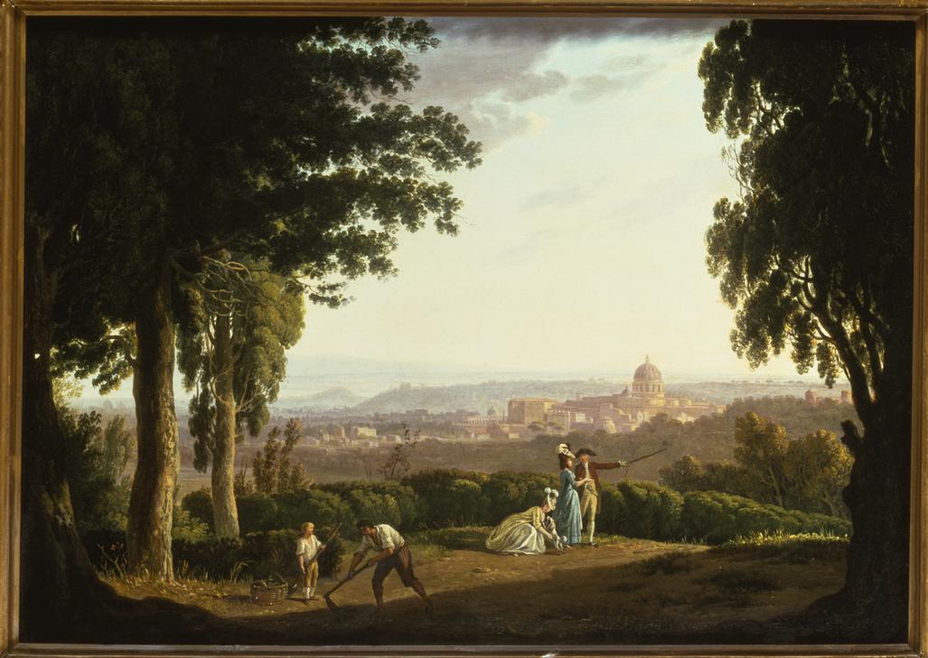 “Elegant figures on a hillside with a distant view of Rome” à Thomas Jones