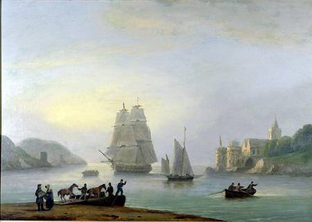 A Brig Entering Dartmouth Harbour, with a Ferry in the Foreground à Thomas Luny