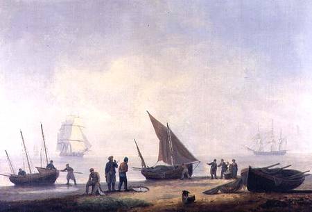 Fisherfolk on a Beach, with Vessels Offshore à Thomas Luny